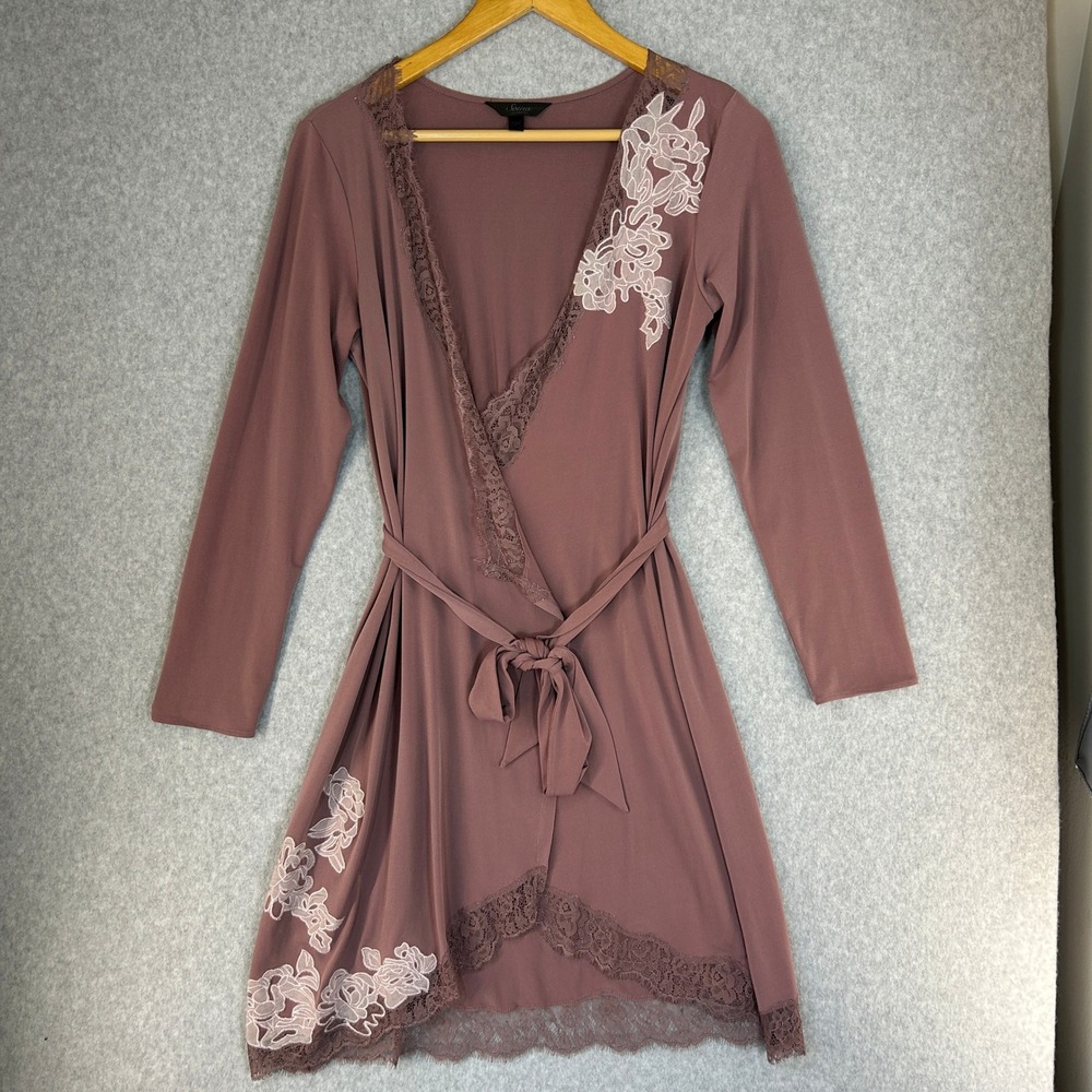 Soma Intimates Mauve Pink Lace Trim Wrap Robe Long Sleeve Embroidered Size Small